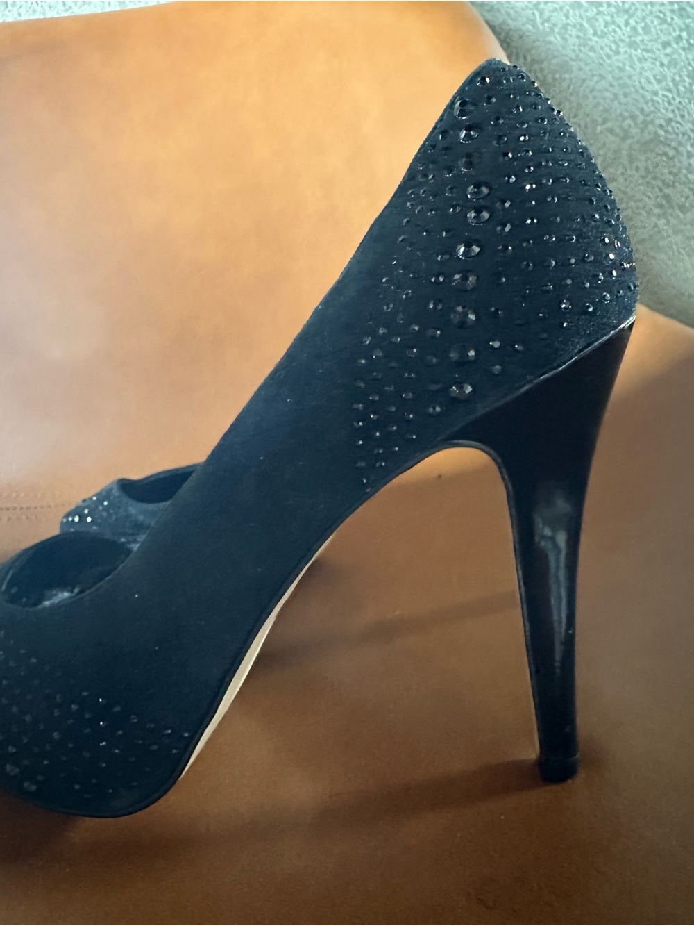 White House Black Market Black Rhinestone Peep Toe 9M Chrystol Party Stiletto - Picture 7 of 12